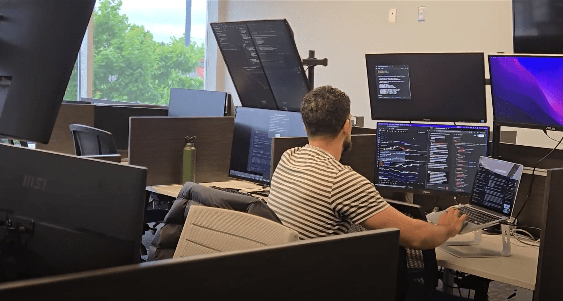 Research environment — multiple monitors with code and market data